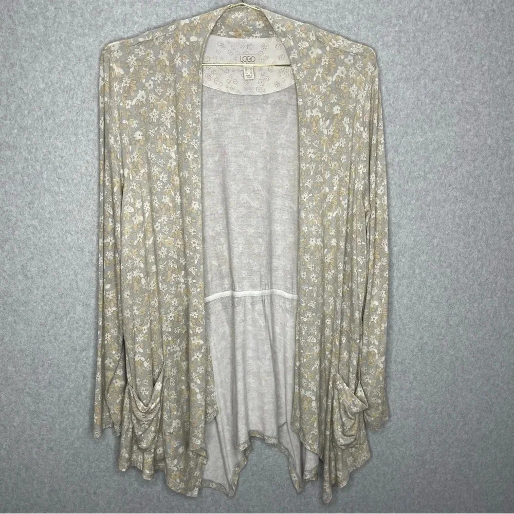 LOGO by Lori Goldstein Boho Floral Soft Feminine Cardigan Open Front Floral